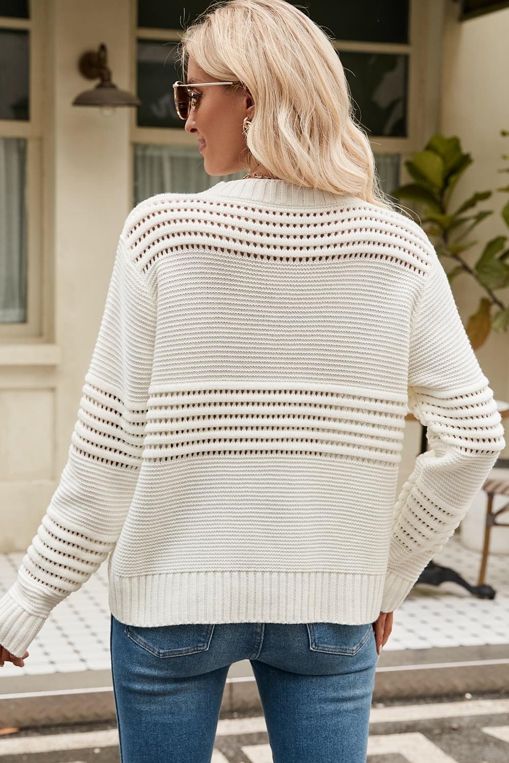 Ribbed Round Neck Openwork Pullover Sweater - Sweater