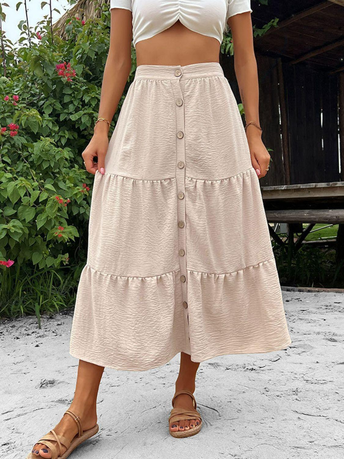 Button Down Tiered Midi Skirt - Skirt