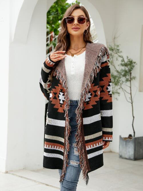 Geometric Pattern Fringe Hooded Coat - Coat