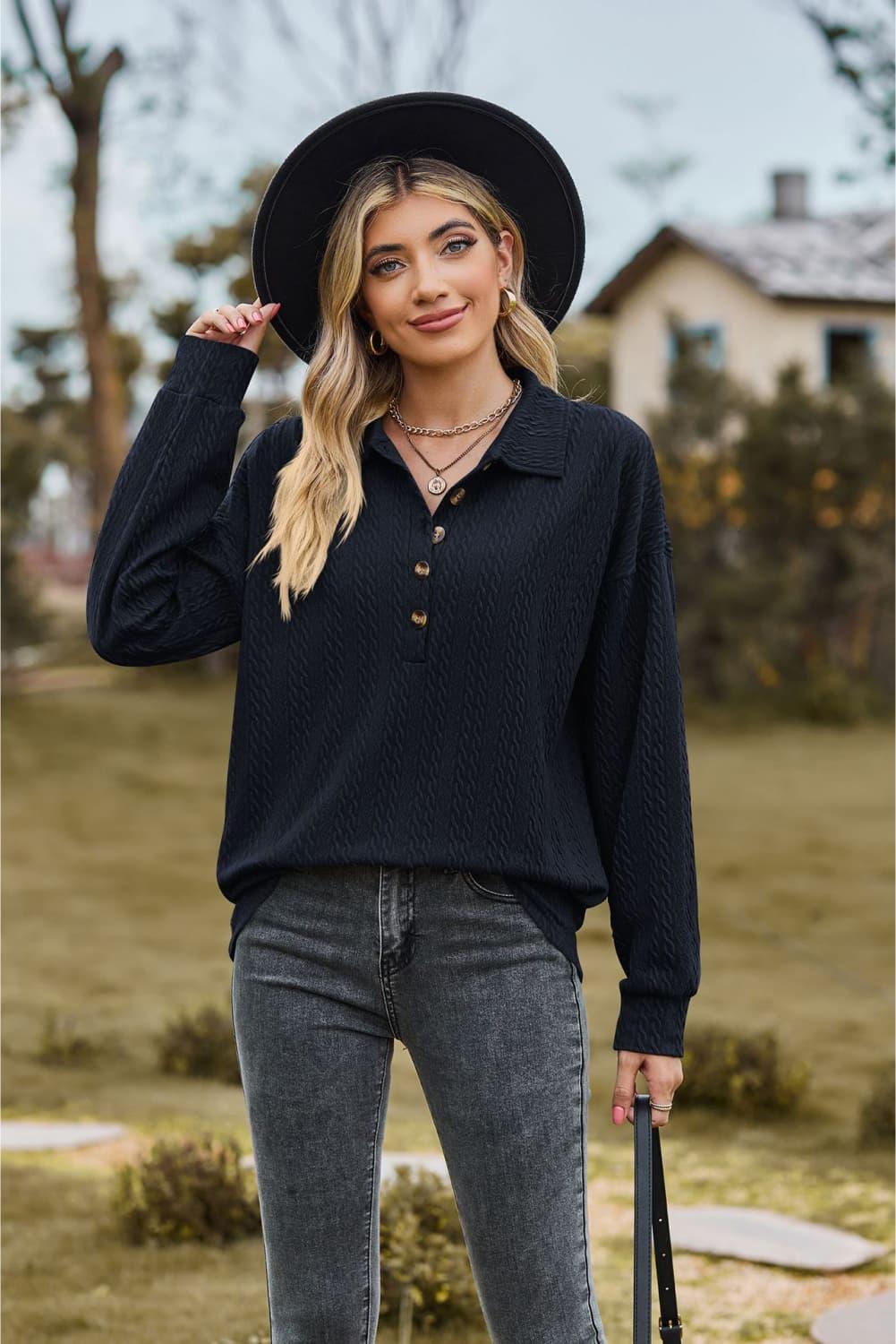 Collared Neck Long Sleeve Buttoned Top - Top