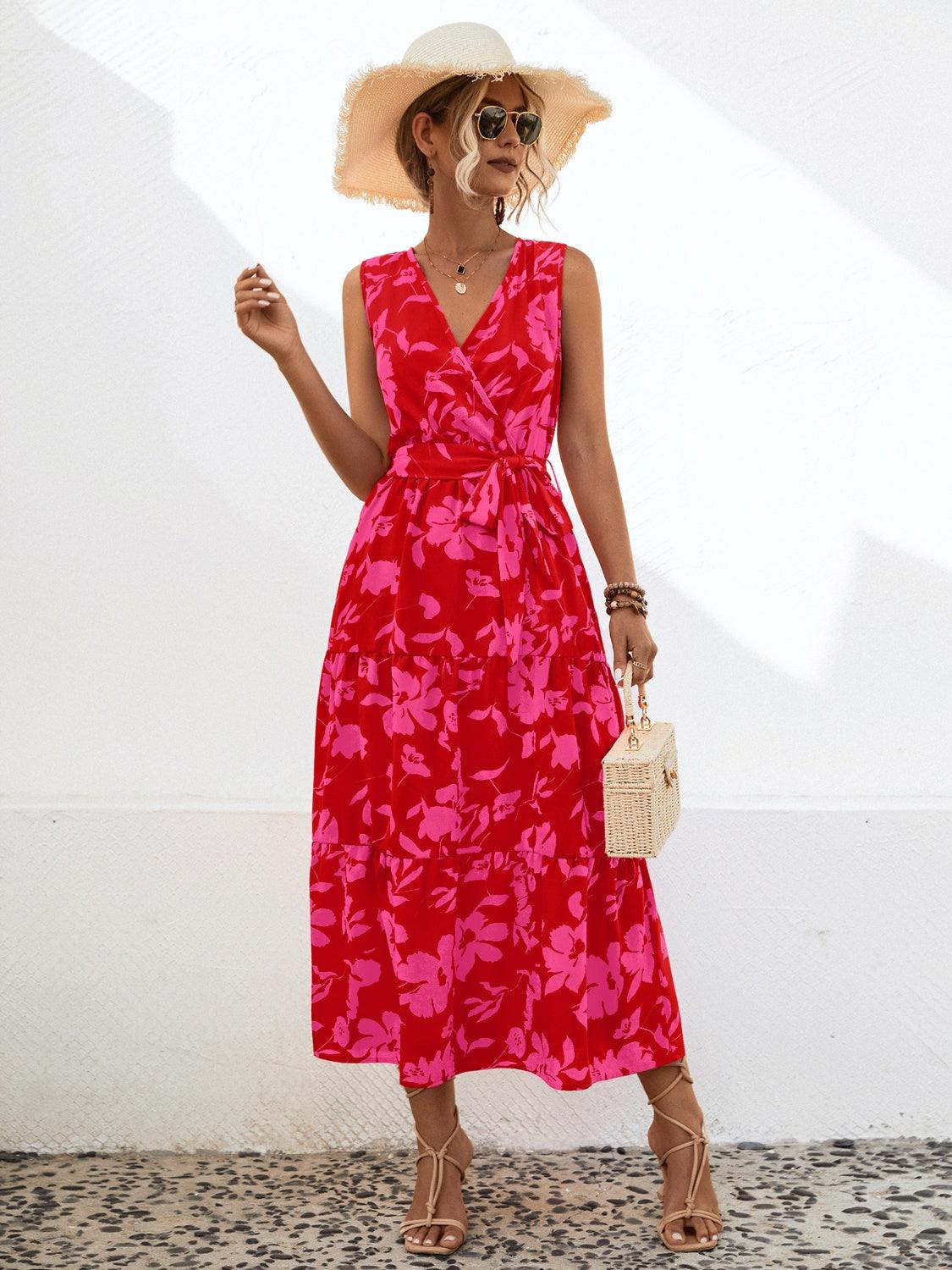 Tied Floral Surplice Tiered Midi Dress - Dresses