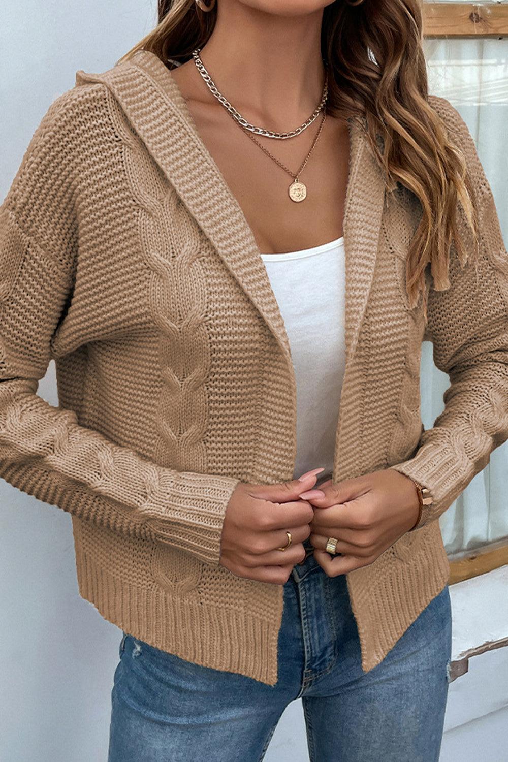 Cable-Knit Dropped Shoulder Hooded Cardigan - Cardigan