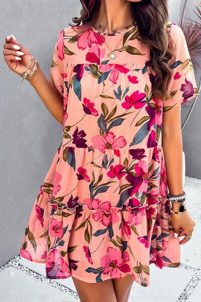 Floral Tiered Round Neck Mini Dress - Dresses