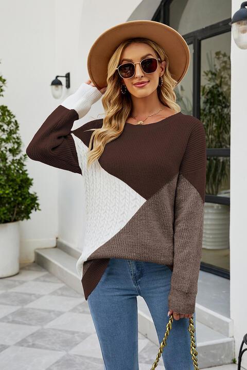 Color Block Round Neck Sweater - Sweater