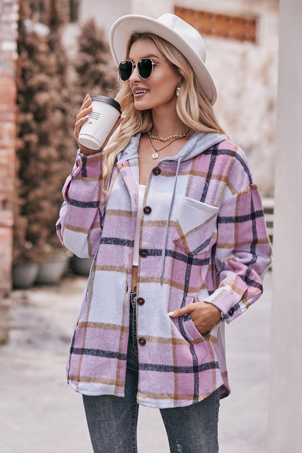 Plaid Dropped Shoulder Hooded Shacket - Jacket