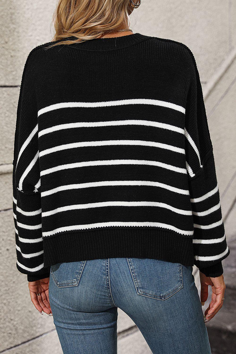 Striped Dropped Shoulder Round Neck Sweater - Sweater