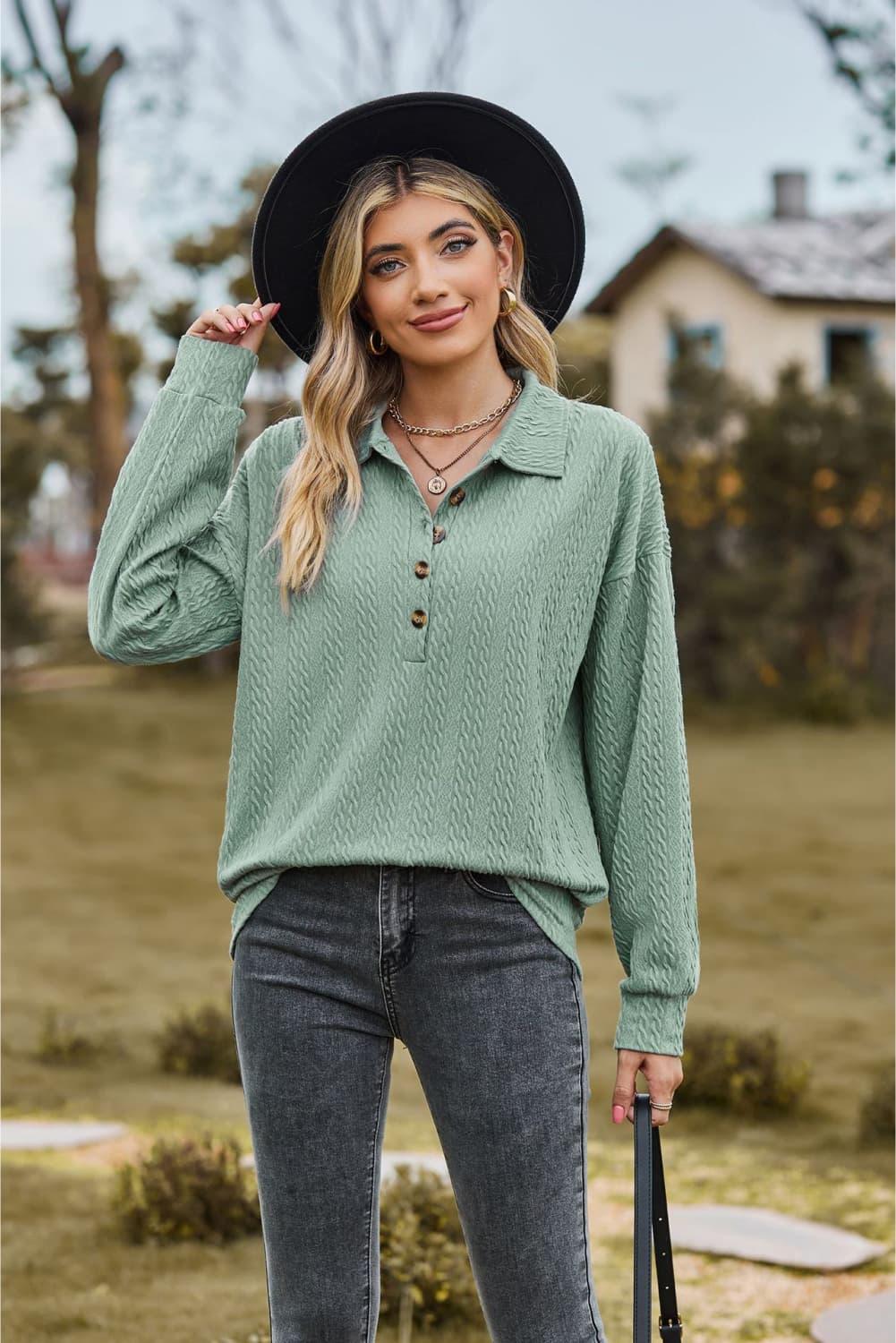 Collared Neck Long Sleeve Buttoned Top - Top