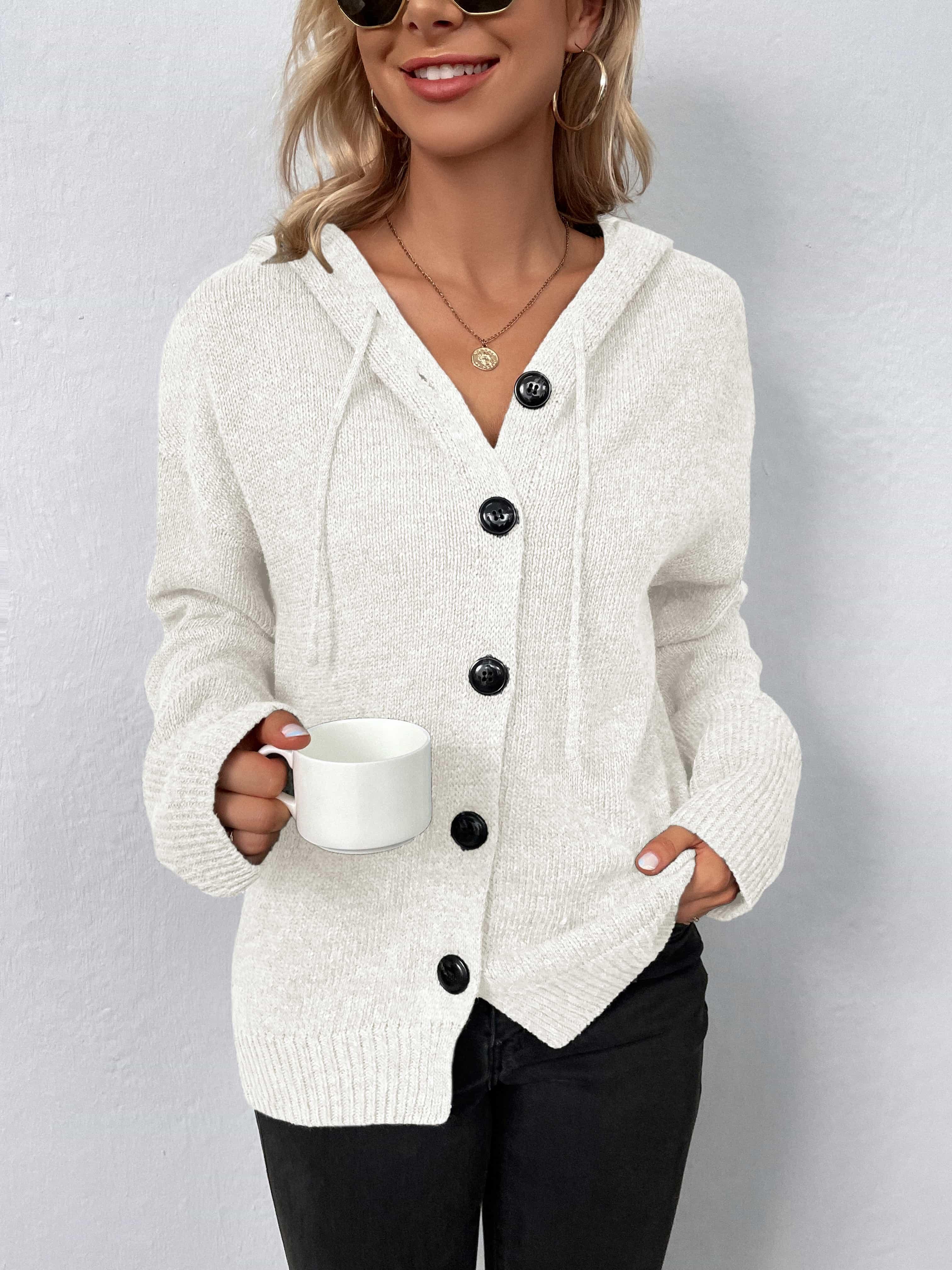 Button-Down Drawstring Long Sleeve Hooded Sweater - Sweater