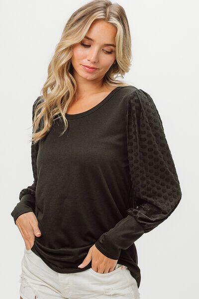 BiBi Round Neck Polka Dot Lantern Sleeve Top - Top