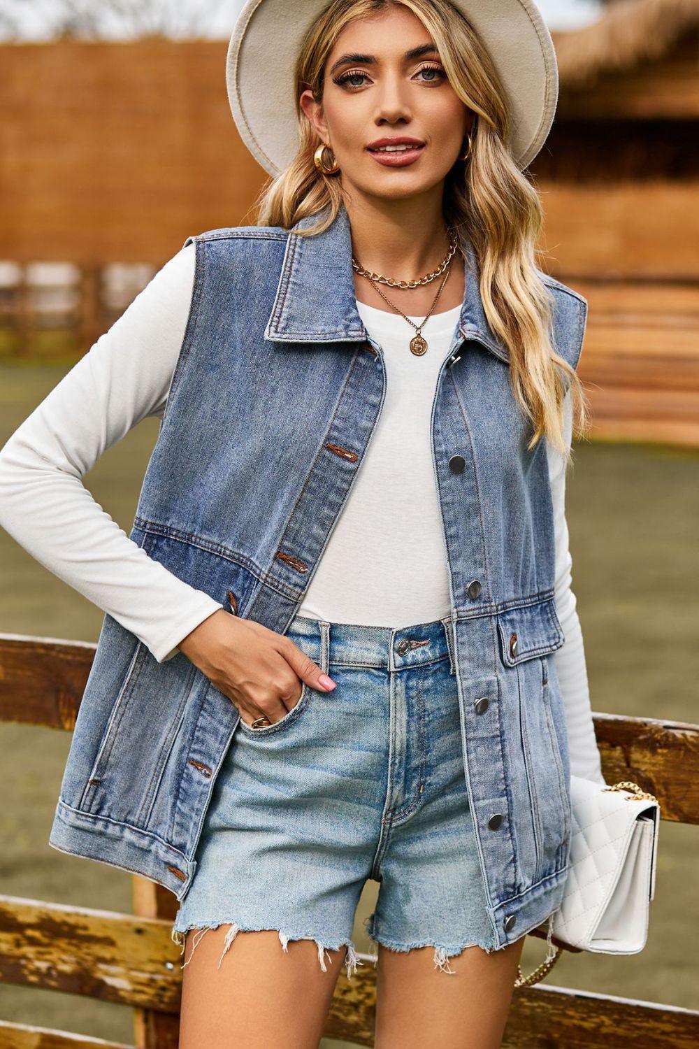 Collared Neck Denim Vest with Pockets - Denim Vest