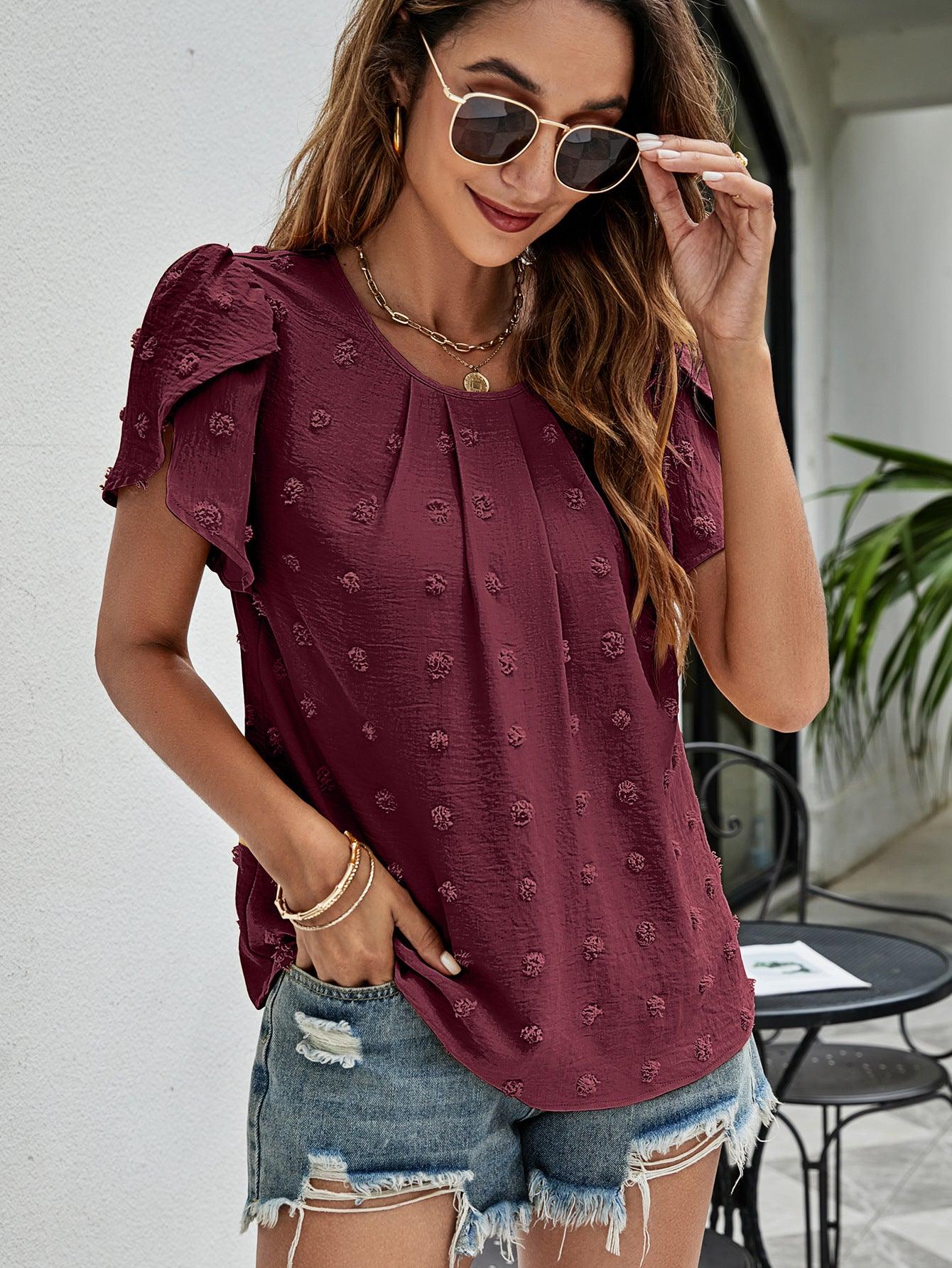 Swiss Dot Round Neck Petal Sleeve Top - Top