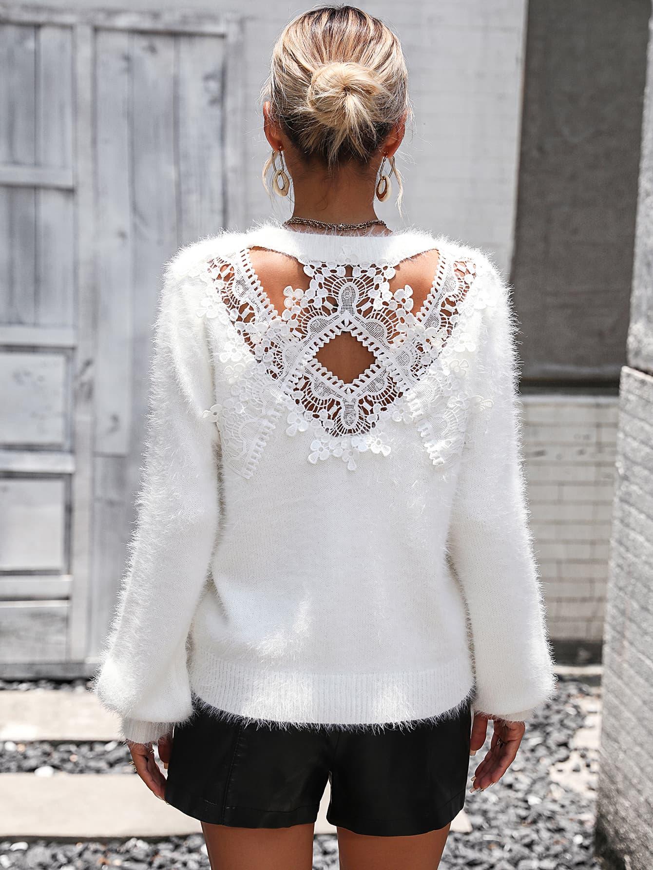 Lace Detail Cutout Long Sleeve Plush Sweater - Sweater