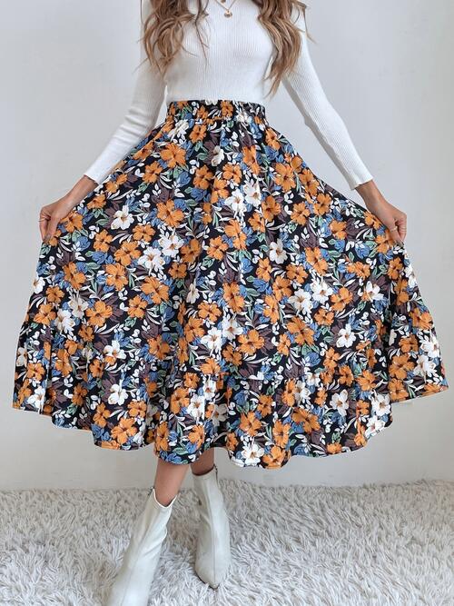 Floral Ruffle Hem Midi Skirt