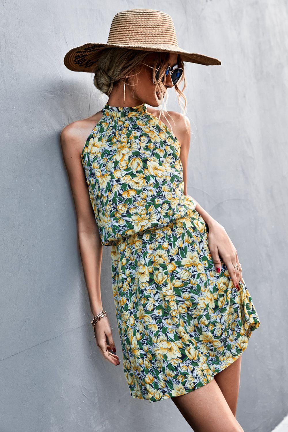 Floral Tied Sleeveless Halter Neck Mini Dress - Dresses