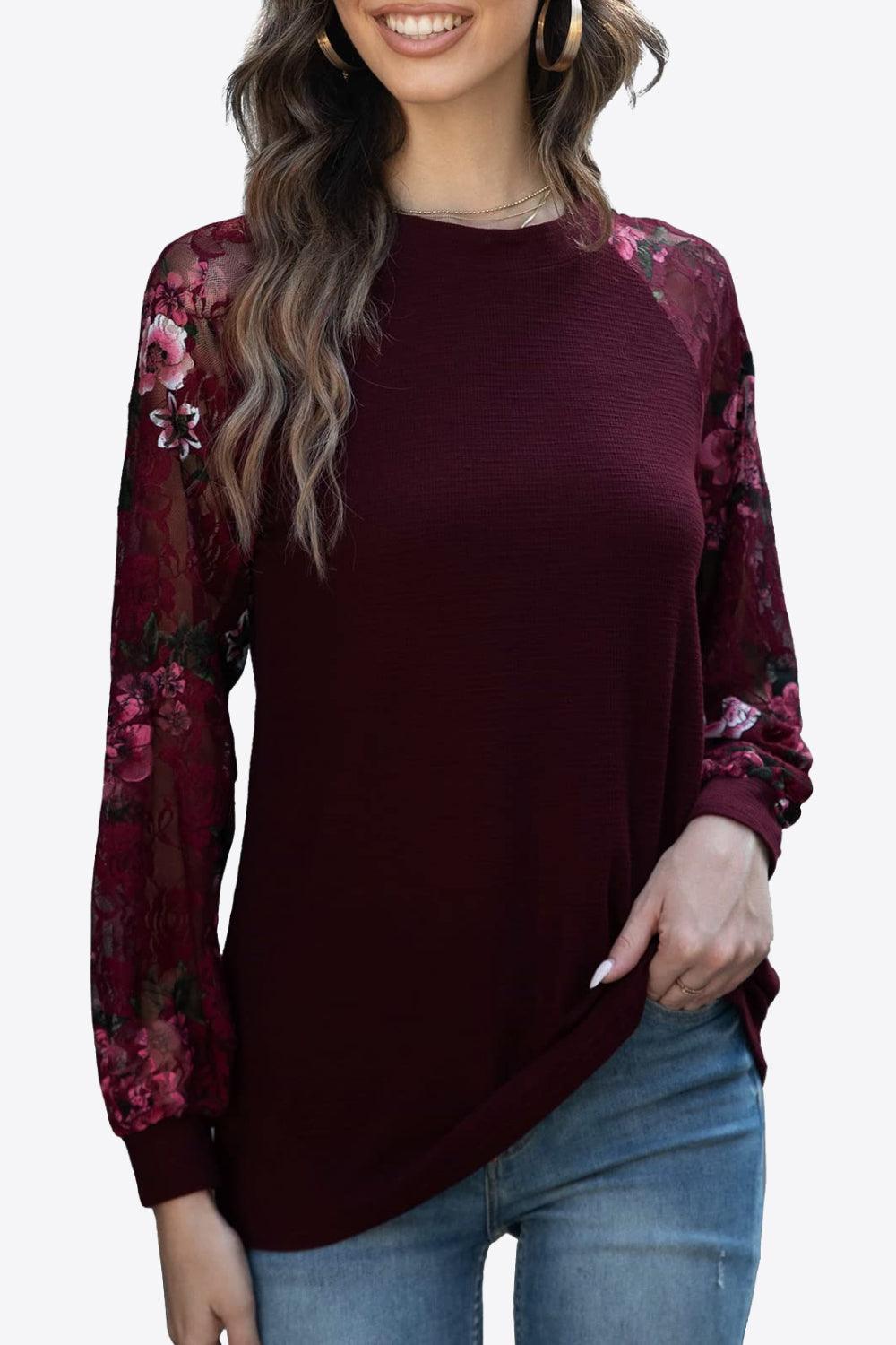 Eyelet Long Raglan Sleeve Round Neck Tee - Top