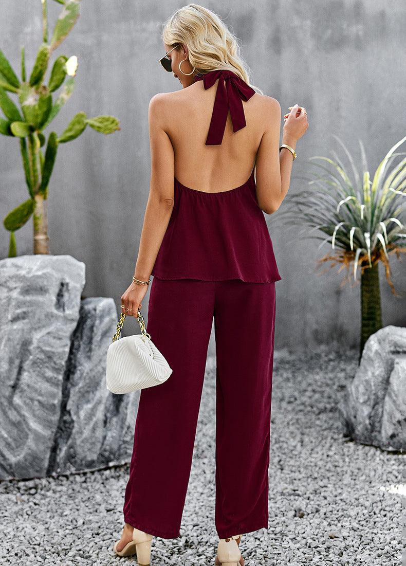 Halter Neck Top and Straight Leg Pants Set - Pant & Top