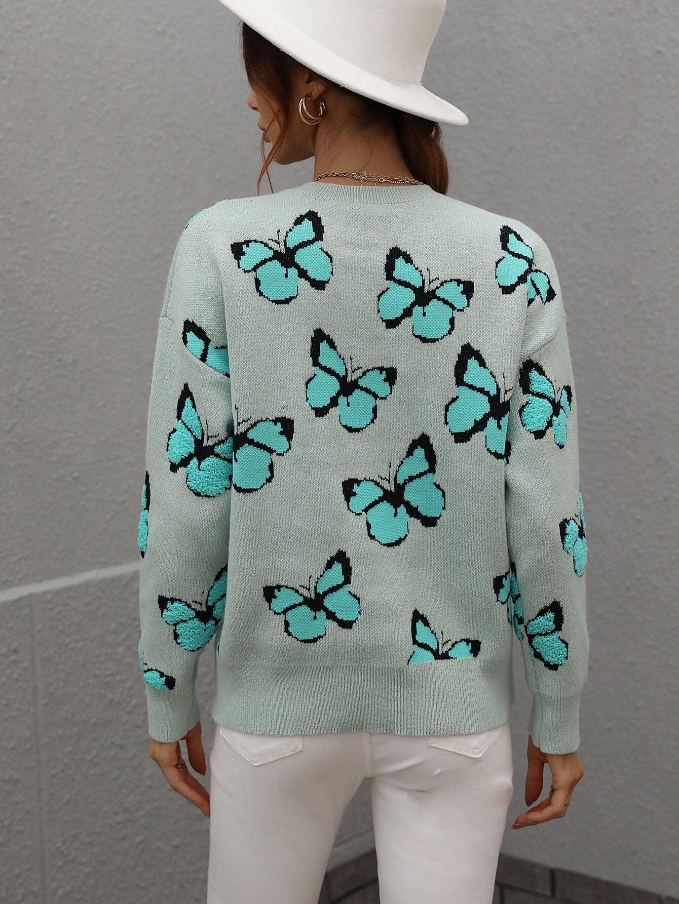 Woven Right Butterfly Dropped Shoulder Sweater - Sweater