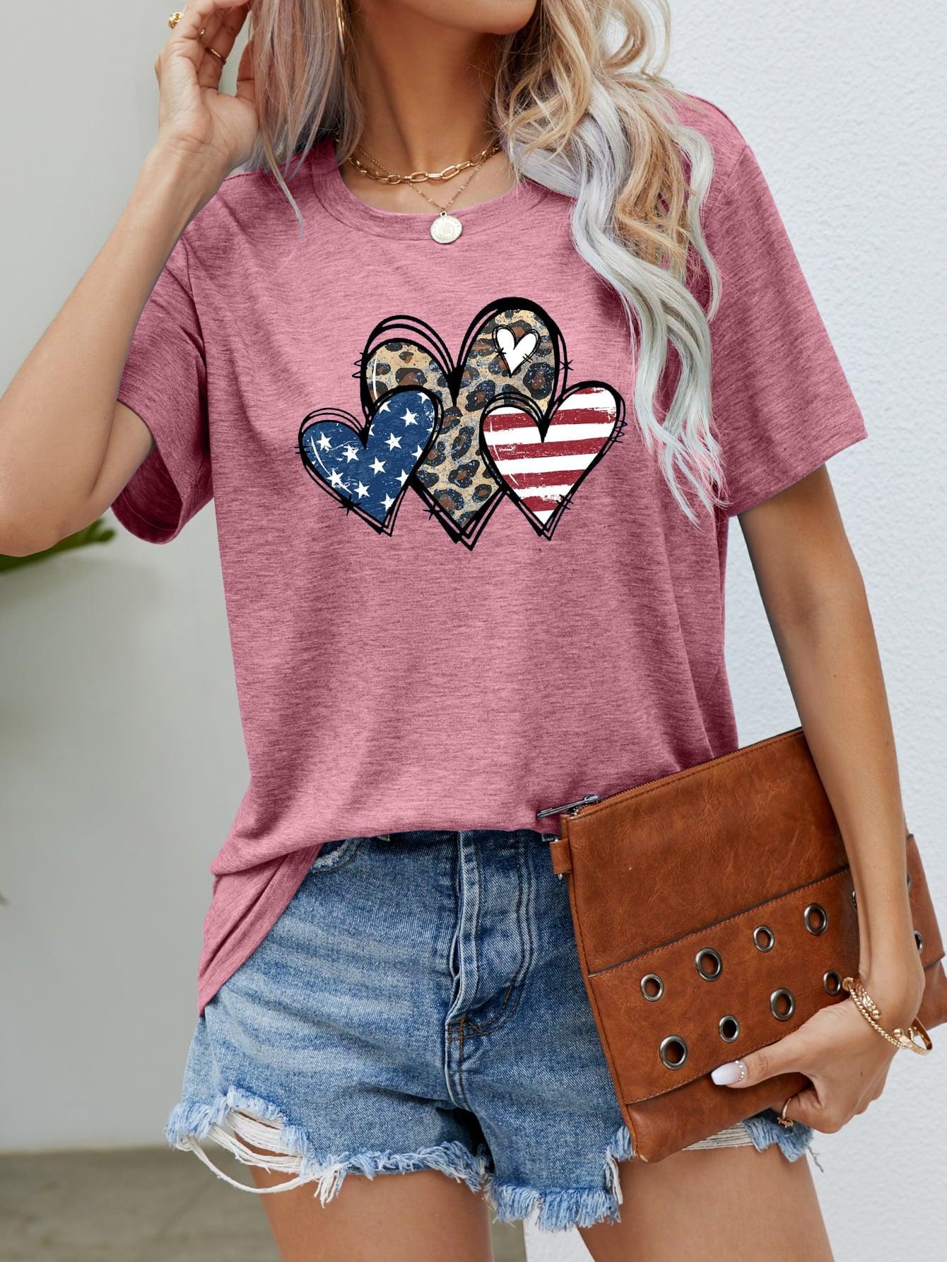 US Flag Leopard Heart Graphic T-Shirt - T-Shirt