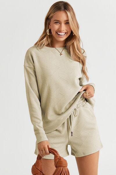 Texture Long Sleeve Top and Shorts Set - Short & Top