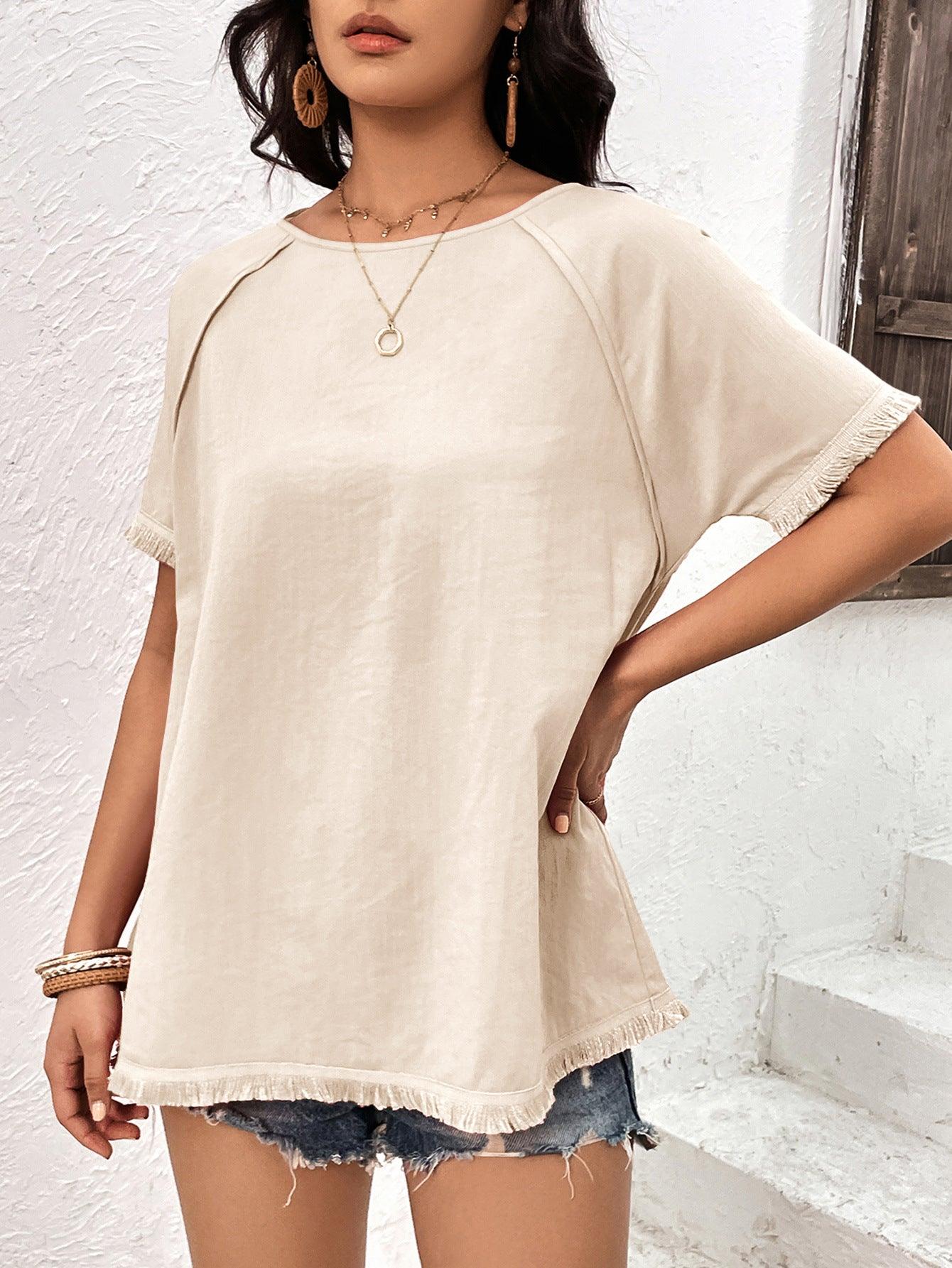 Round Neck Raglan Sleeve Fringe Detail Top - Top