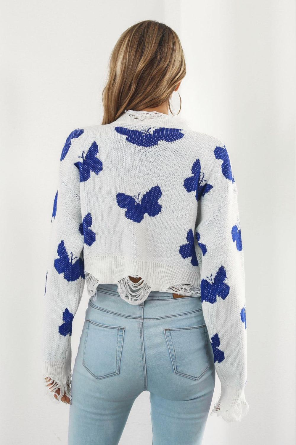 Butterfly Cropped Distressed Ribbed Sweater - Sweater