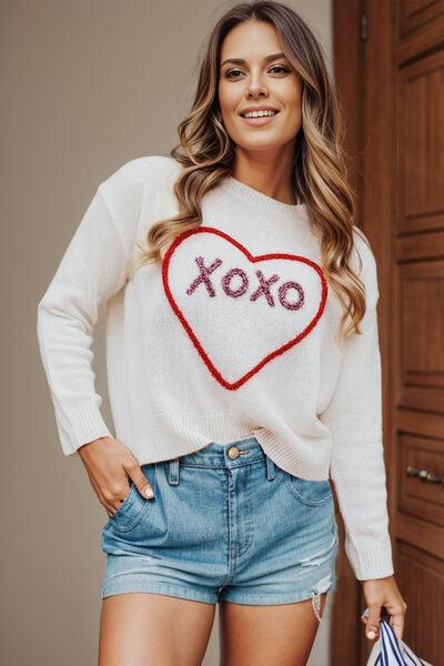 XOXO Heart Round Neck Dropped Shoulder Sweater - Sweater