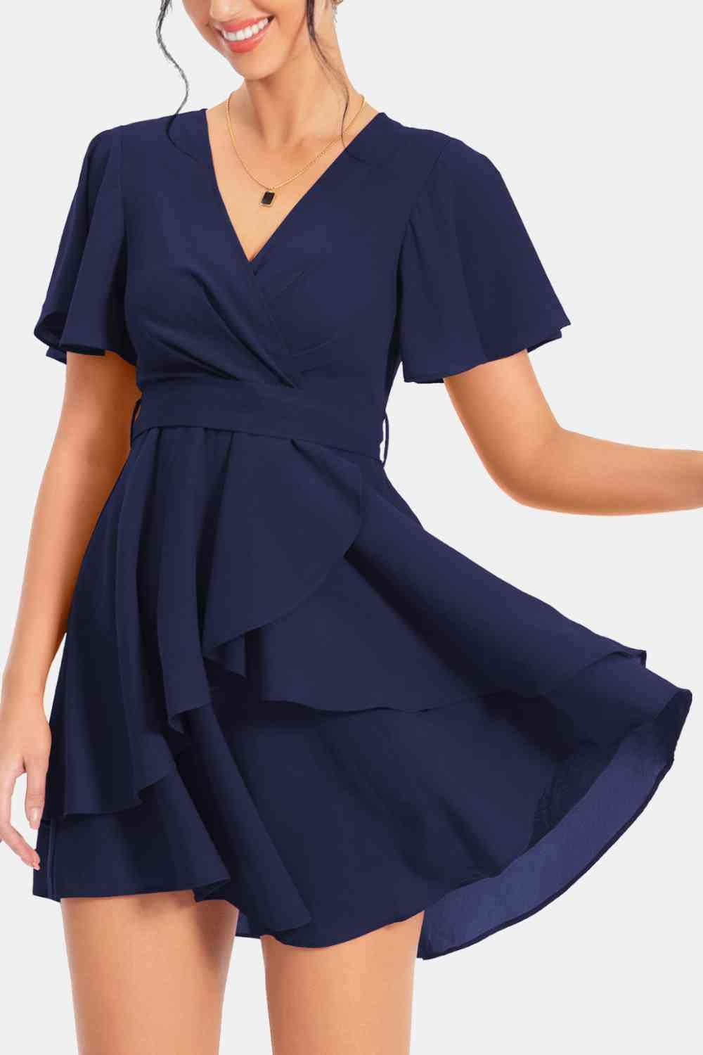 Surplice Neck Flutter Sleeve Mini Dress - Dresses