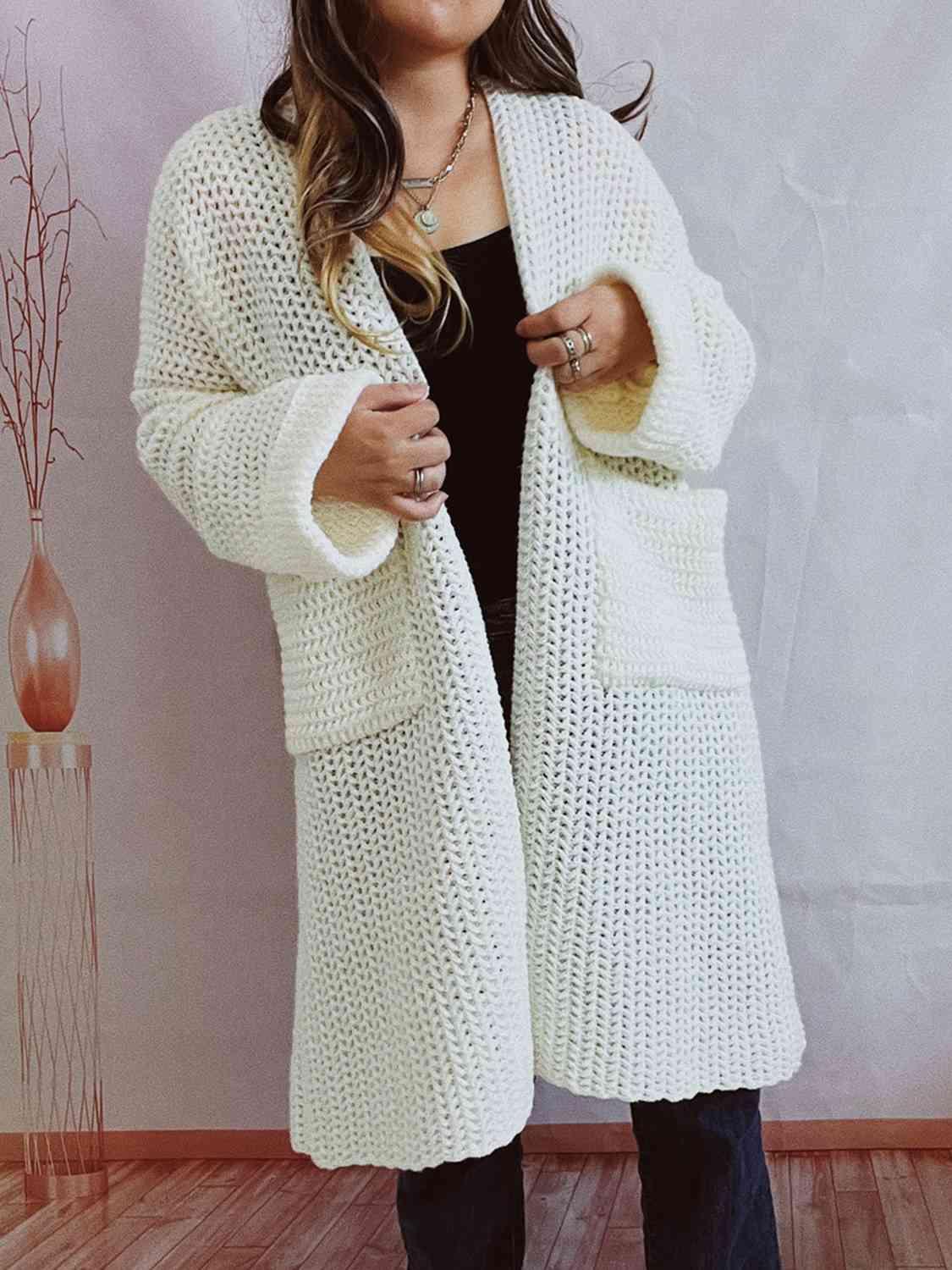 Open Front Long Sleeve Cardigan with Pockets - Cardigan