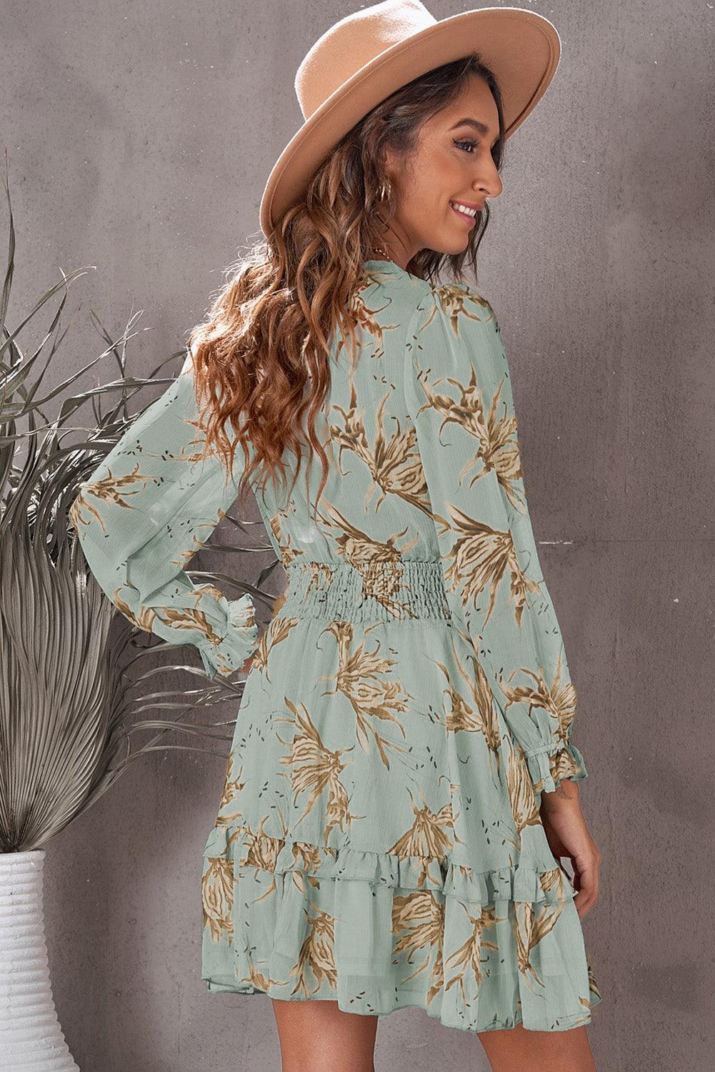 Floral Deep V-Neck Flounce Long Sleeve Tiered Mini Dress - Dresses