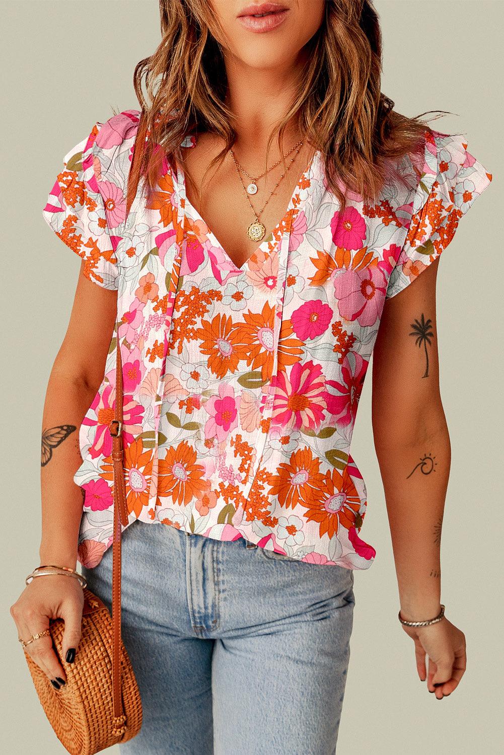 Floral Tie V-Neck Short Flutter Sleeve Top - Top