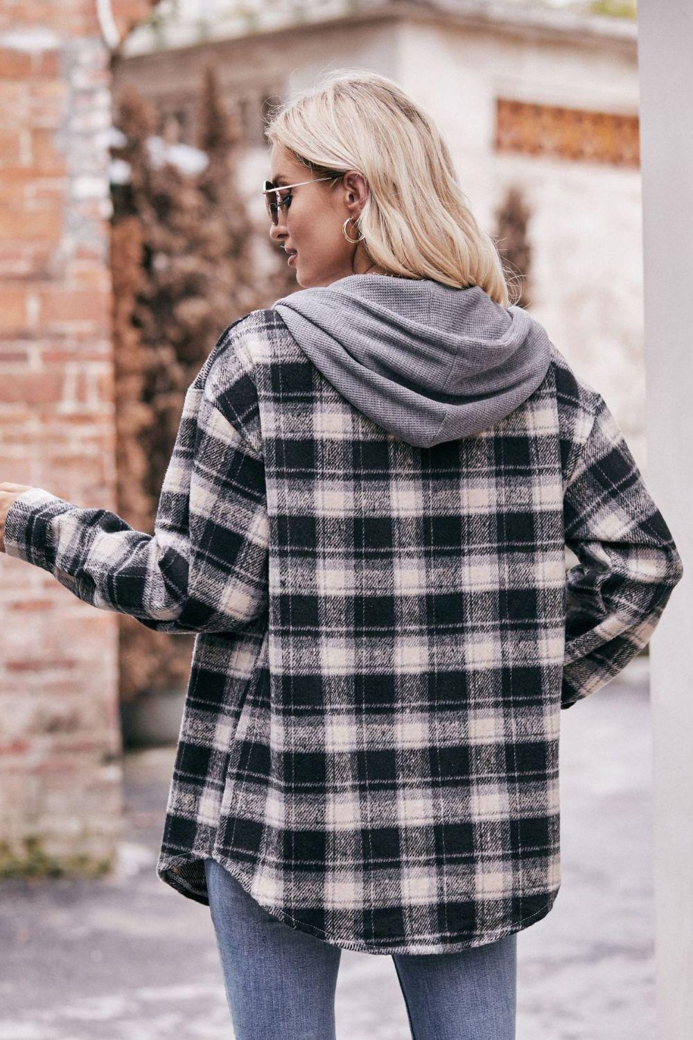 Plaid Dropped Shoulder Hooded Longline Shirt Jacket - Jacket