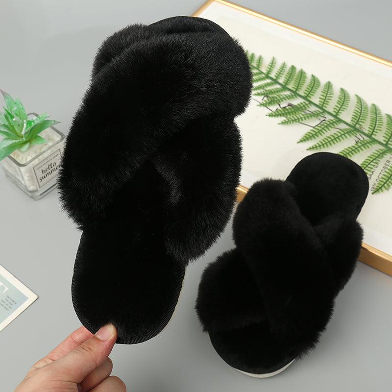 Faux Fur Crisscross Strap Slippers - Slippers