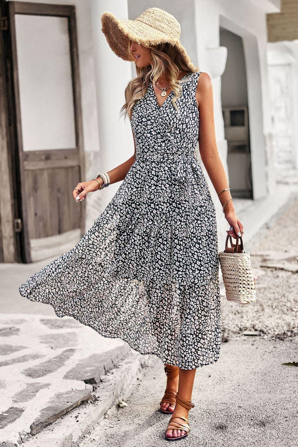 Floral Belted Surplice V-Neck Sleeveless Tiered Midi Dress - Dresses