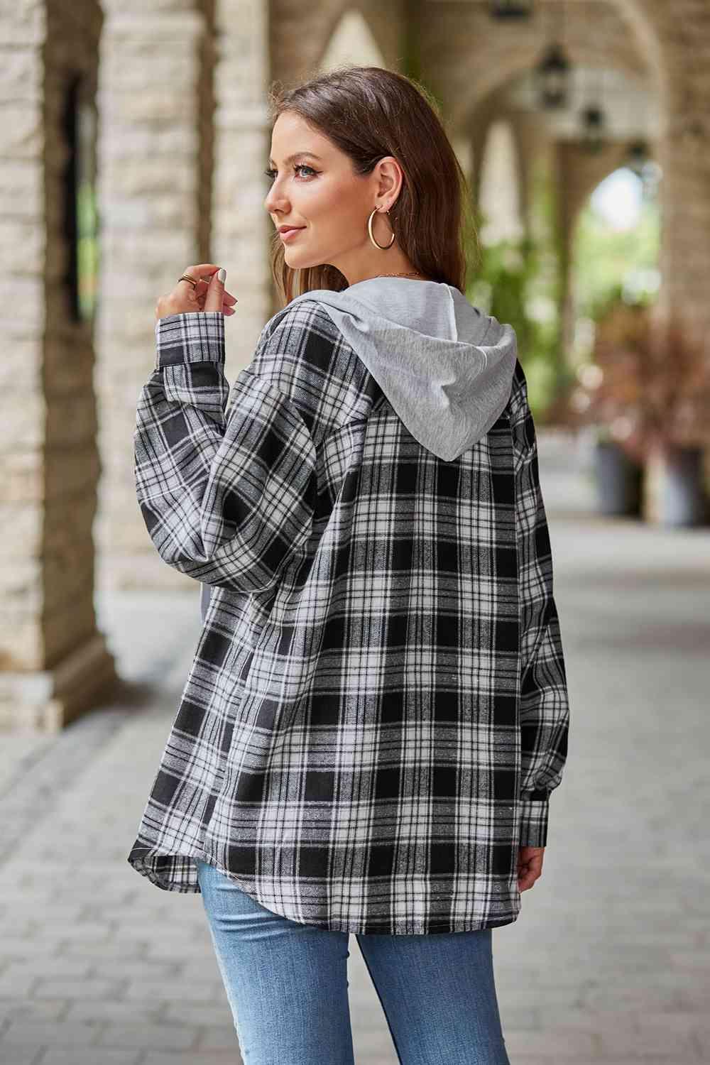 Plaid Long Sleeve Hooded Shacket - Jacket