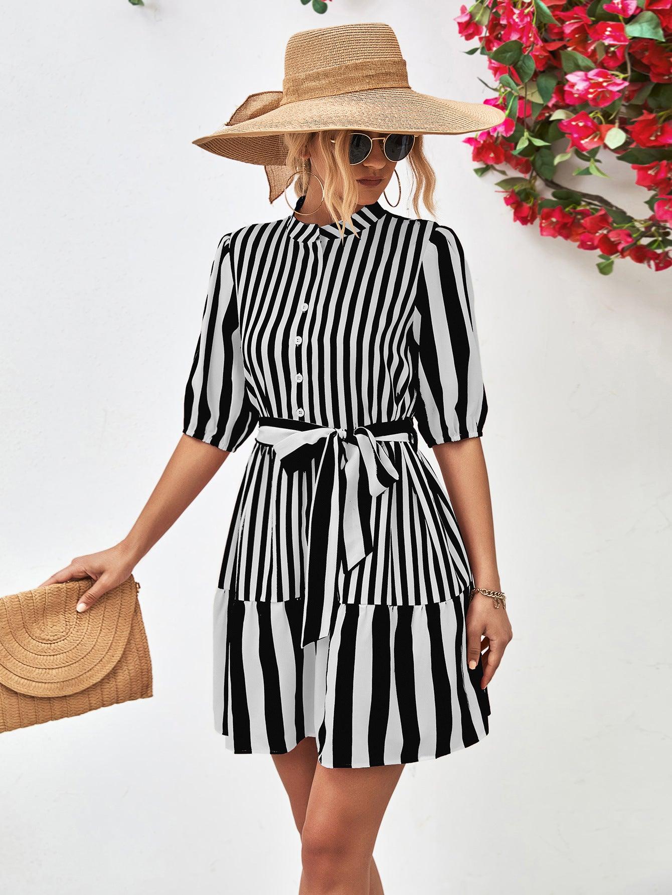 Striped Half Sleeve Tie Waist Mini Dress - Dresses