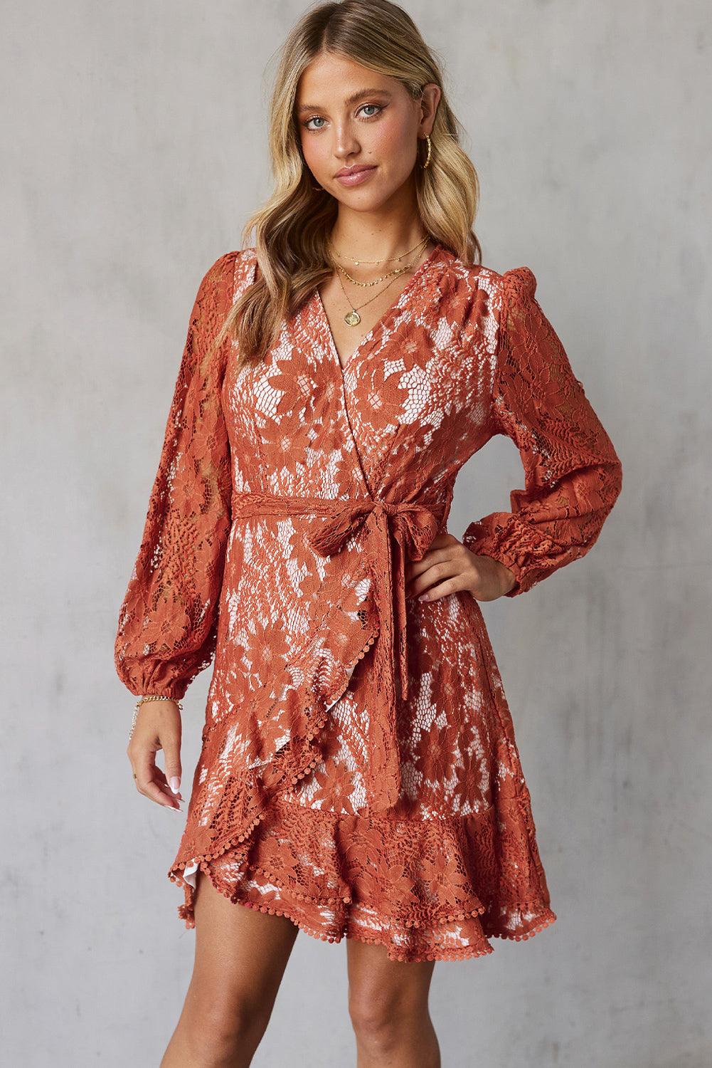 Pompom Trim Puff Sleeve Belted Lace Short Wrap Dress - Dresses