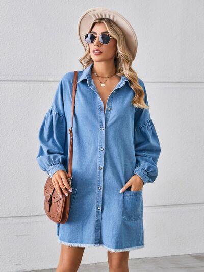 Button Up Pocketed Raw Hem Denim Dress - Dresses