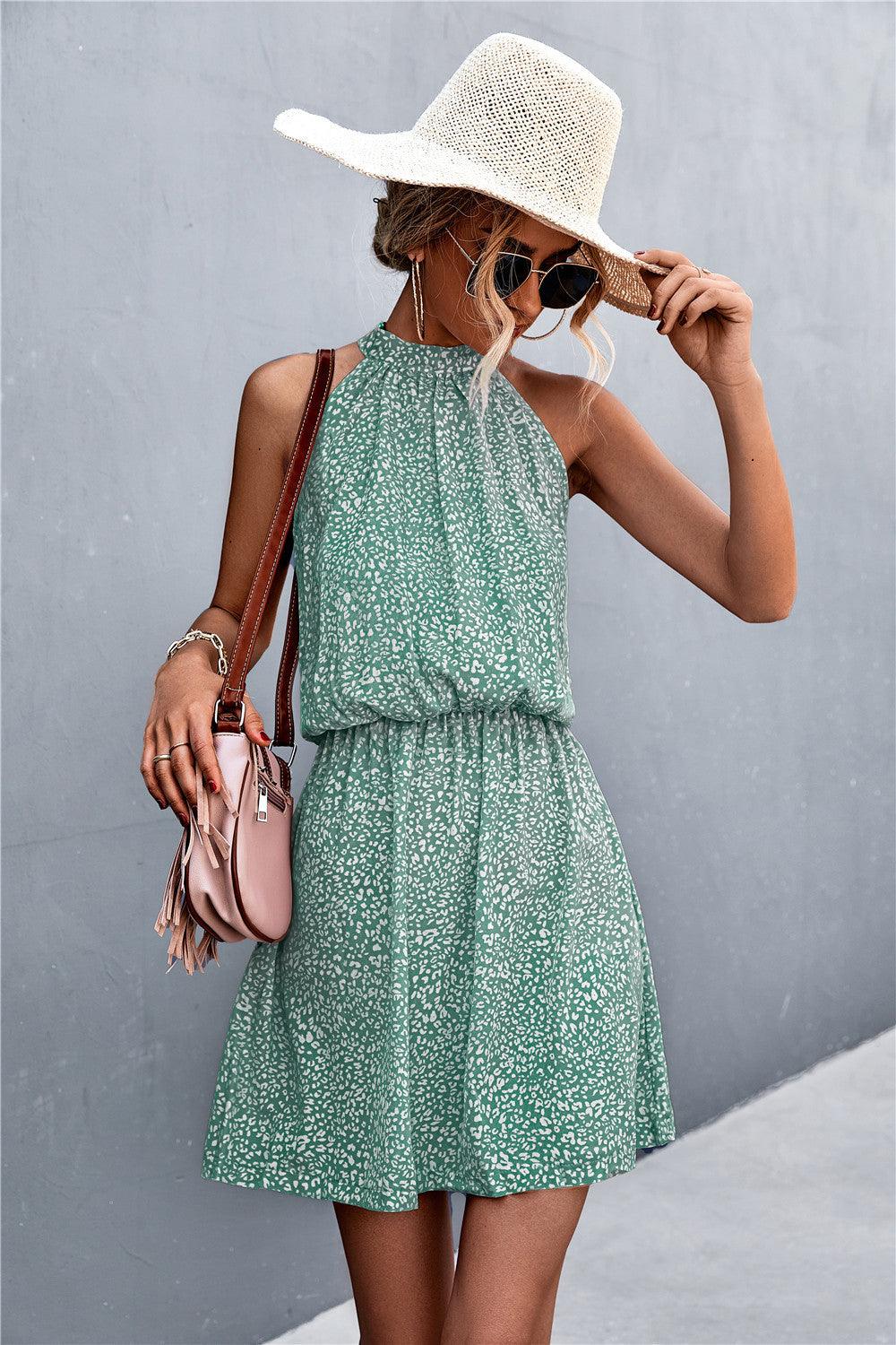 Floral Tied Sleeveless Halter Neck Mini Dress - Dresses