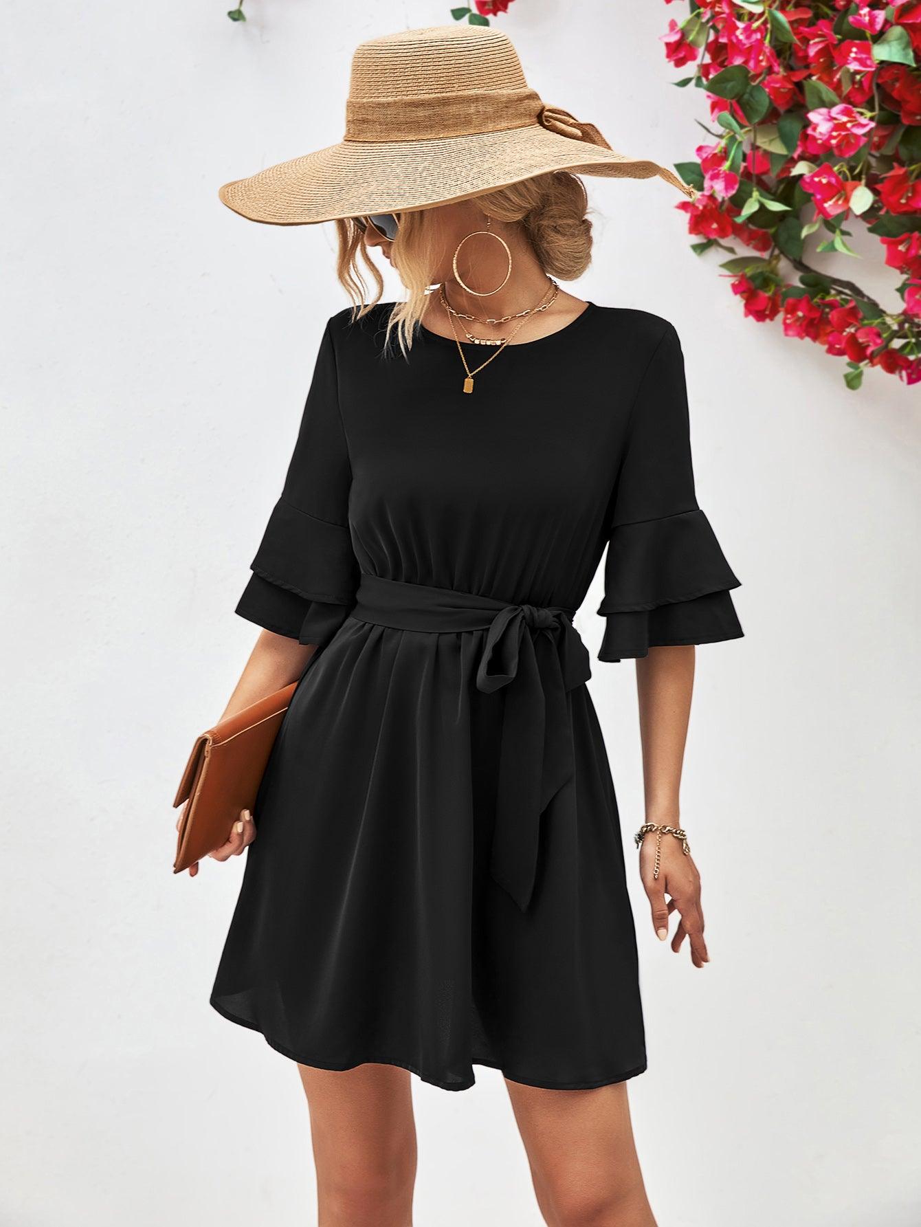 Round Neck Tie Belt Flounce Sleeve Mini Dress - Dresses