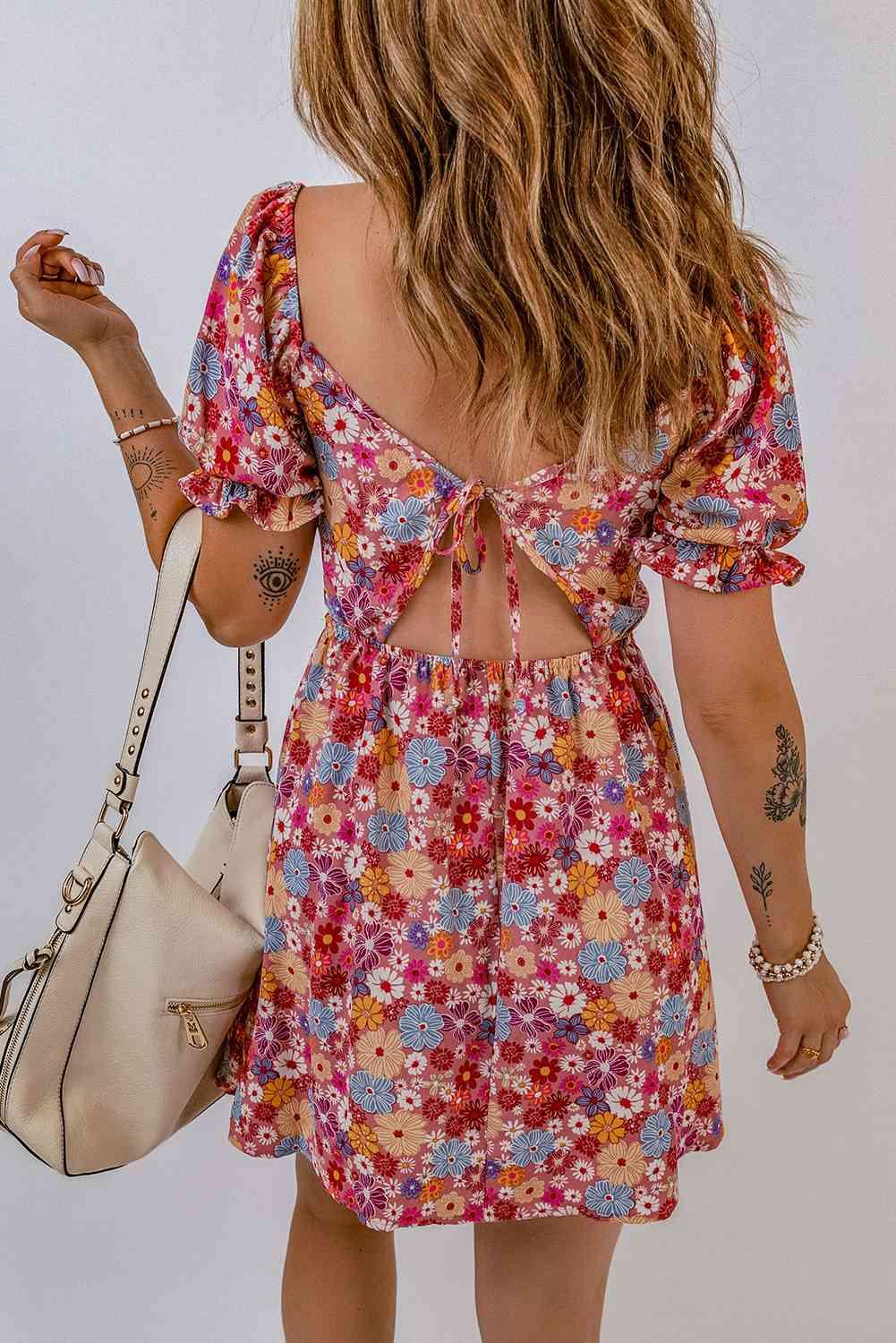 Floral Square Neck Open Back Mini Dress - Dresses