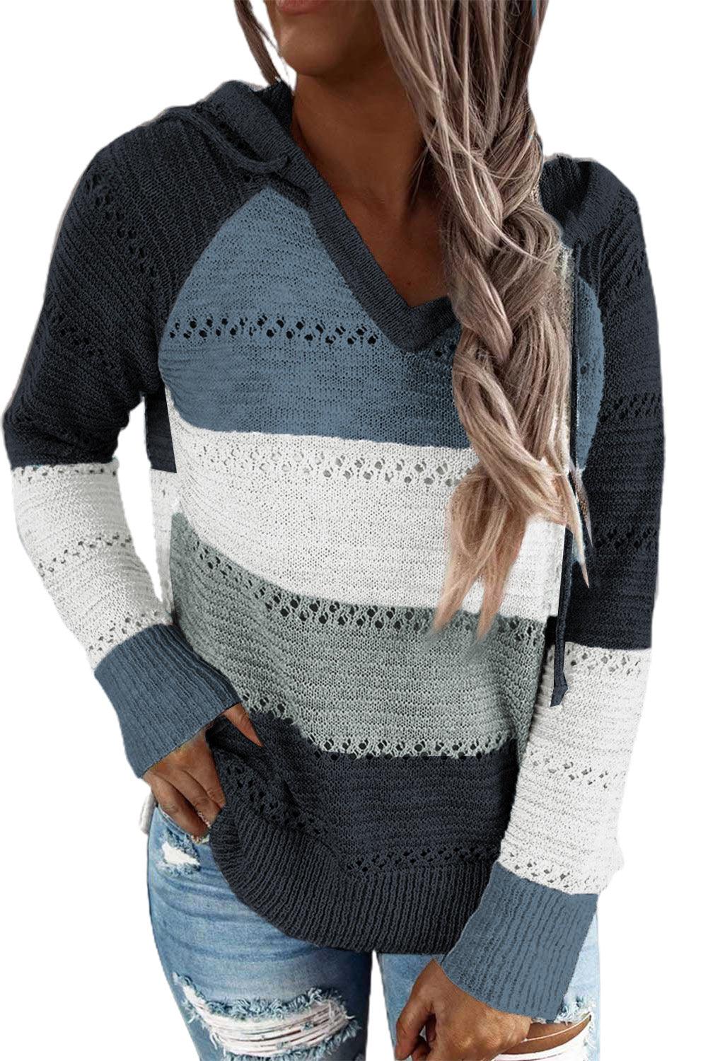 Full Size Color Block Openwork Knitted Hoodie - Hoodie