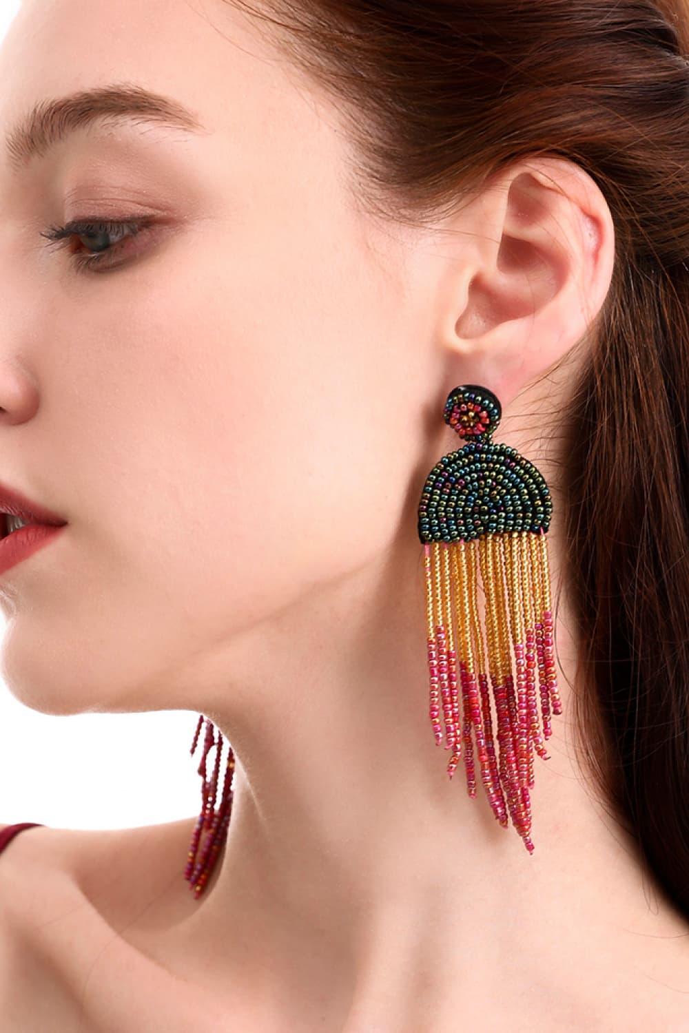 Beaded Fringe Dangle Earrings - Earring