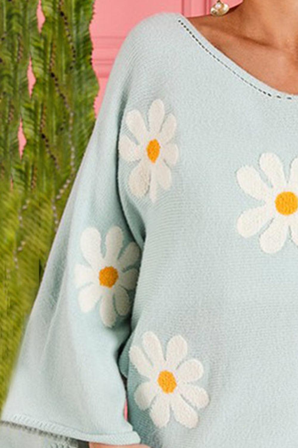 Flower Pattern Long Sleeve Wide Sleeve Sweater - Sweater