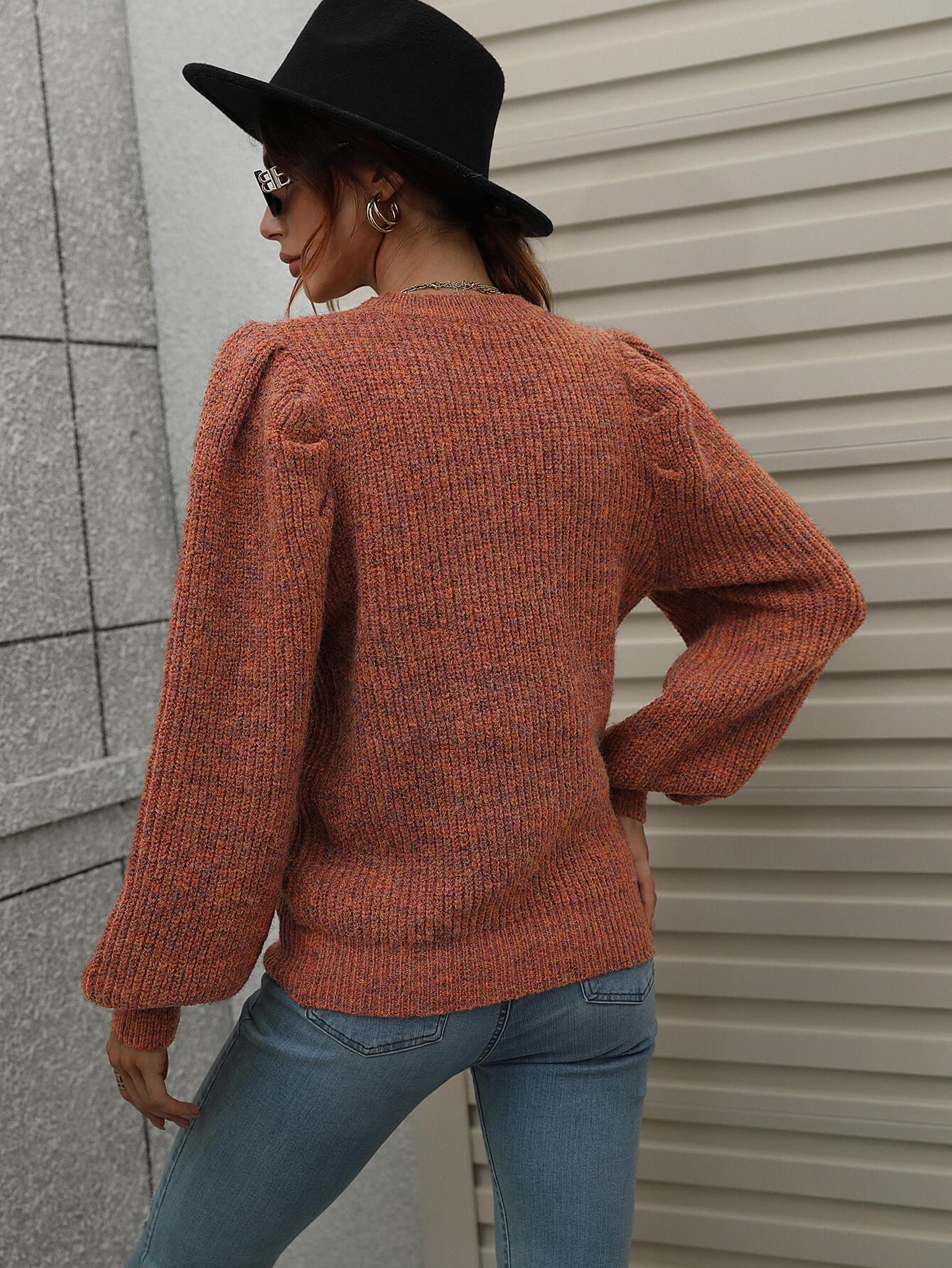 Woven Right Long Puff Sleeve Rib-Knit Sweater - Sweater