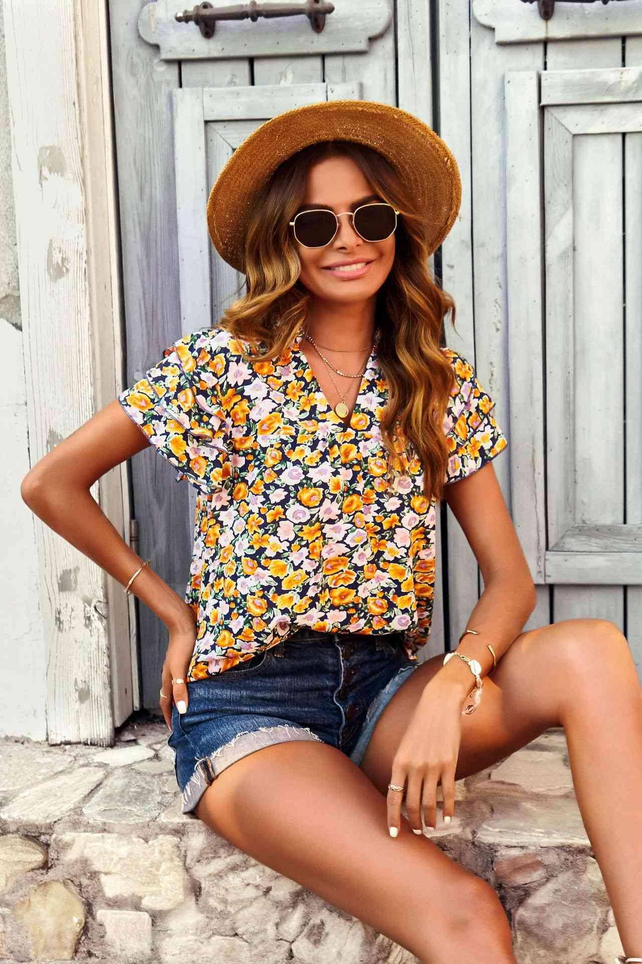 Floral Notched Neck Flutter Sleeve Top - Top