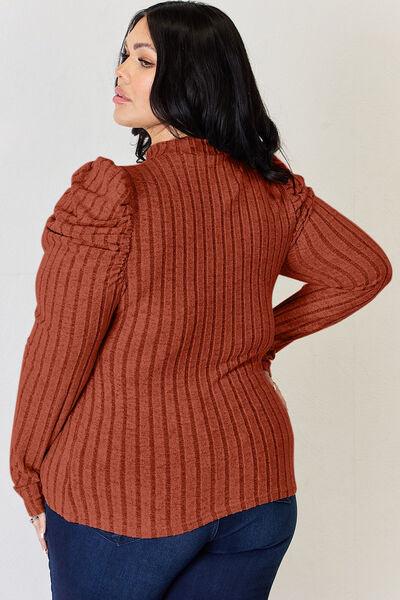 Basic Bae Full Size Ribbed Mock Neck Puff Sleeve Top - Top