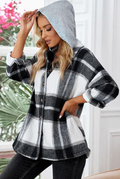 Button Up Plaid Hooded Shacket - Jacket