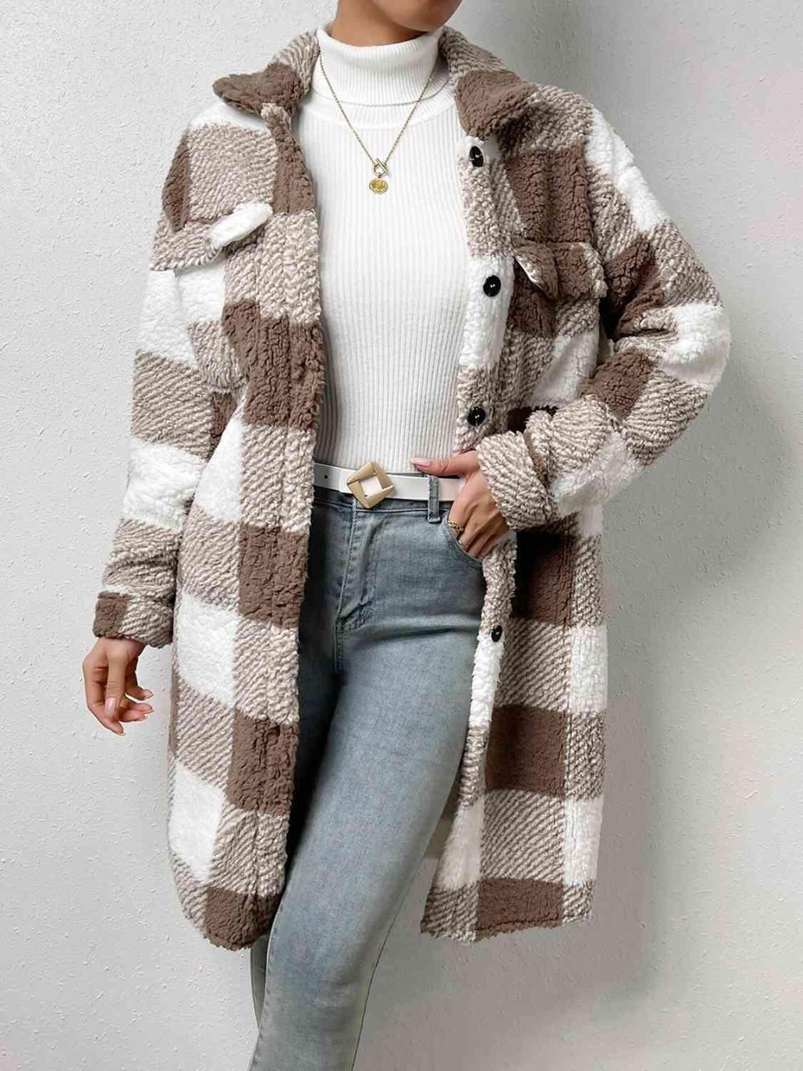 Plaid Button Down Fleece Coat - Coat