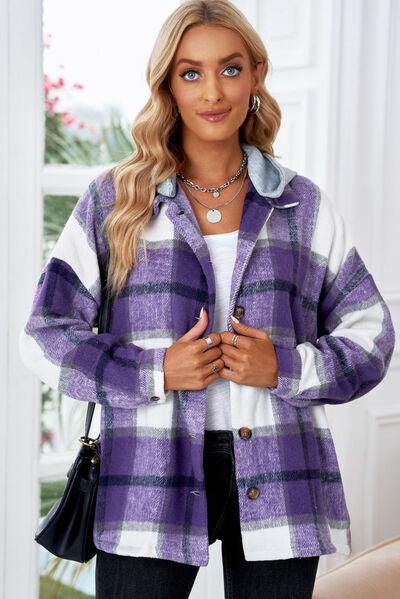 Button Up Plaid Hooded Shacket - Jacket