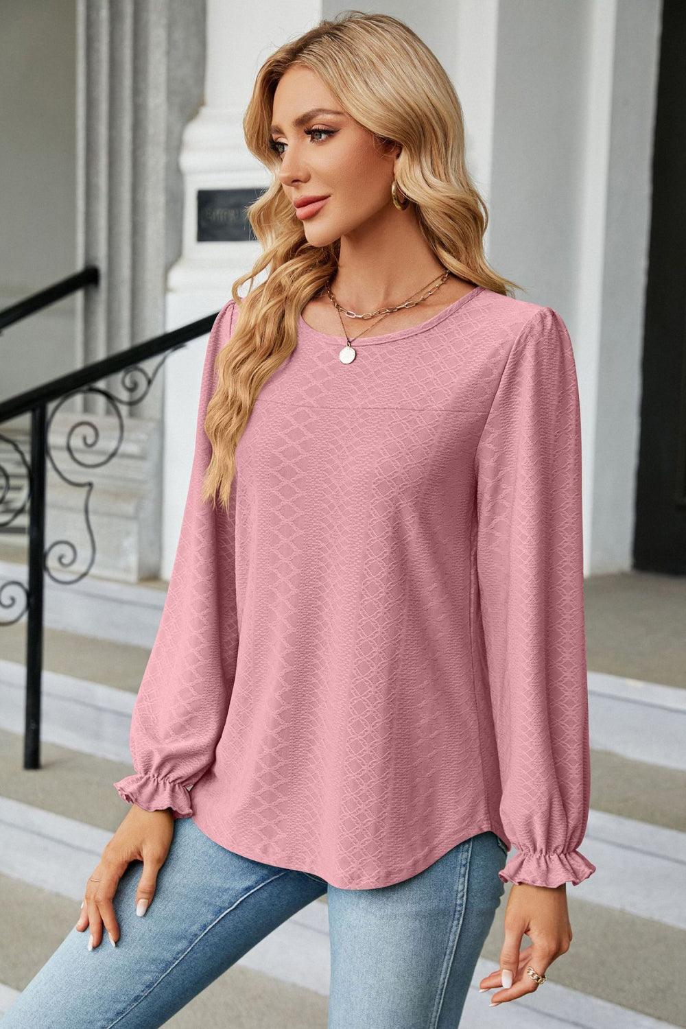 Round Neck Long Flounce Sleeve Top - Top